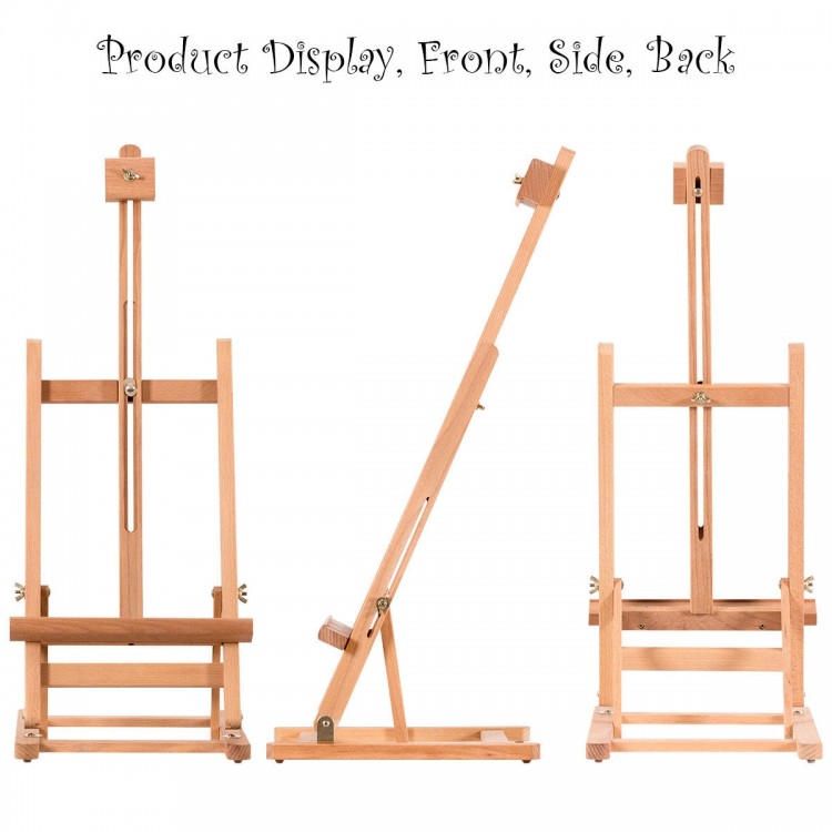 Adjustable portable wood tabletop easel in H-Frame design, showcasing front, side, and back views for artist painting.