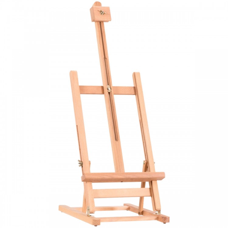 Adjustable portable wood tabletop easel in smooth beech wood, ideal for artist painting display and easy transport.