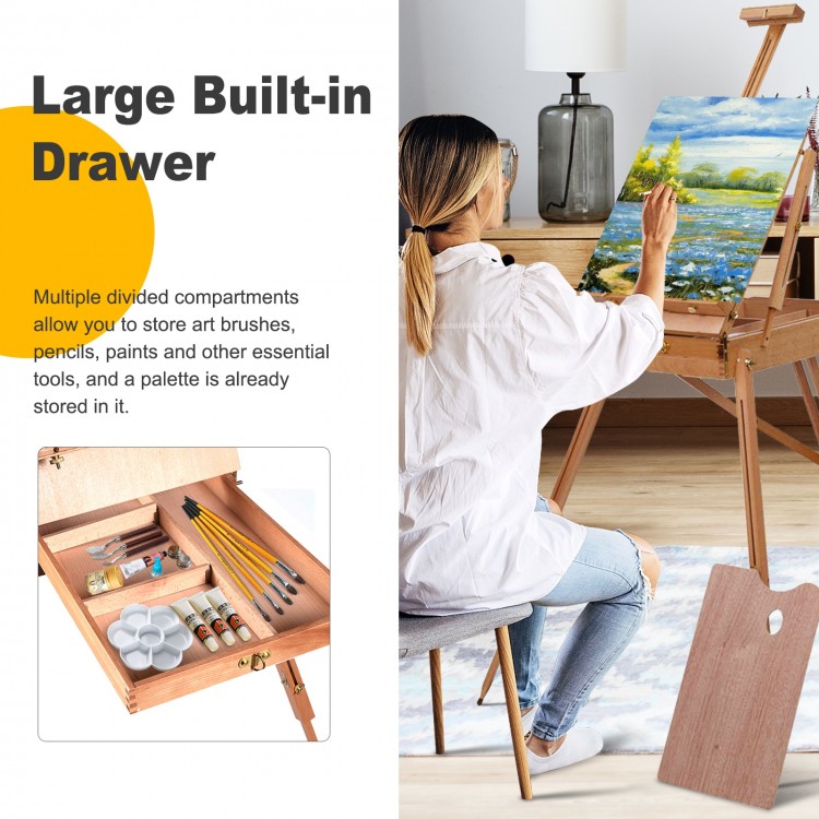Tripod folding wooden easel with built-in drawer, ideal for storing art supplies, perfect for indoor and outdoor use.