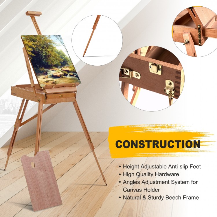 Tripod folding wooden easel with sketch box, adjustable height, and sturdy beech frame for indoor or outdoor painting.