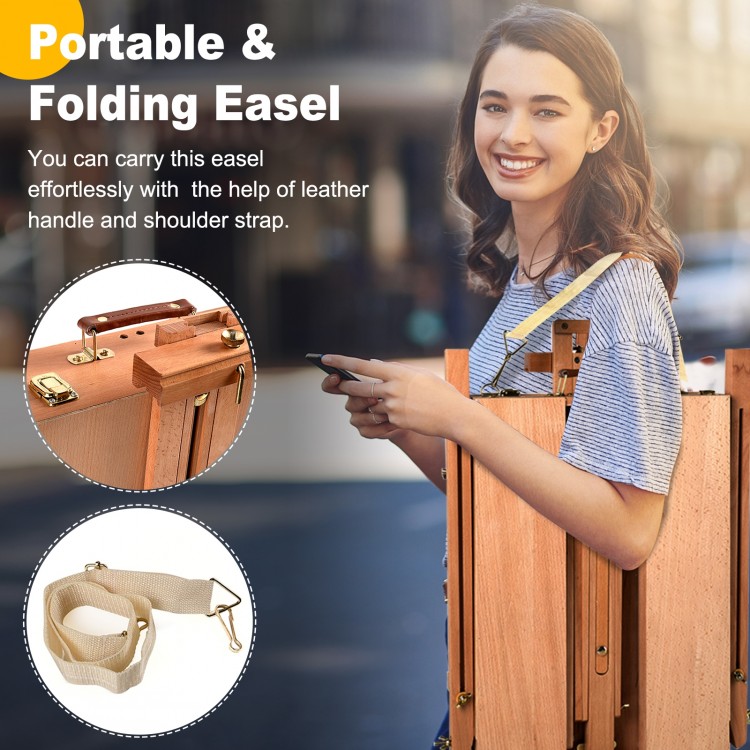Tripod folding wooden easel with sketch box, made of beech wood, portable design with leather strap for easy transport.