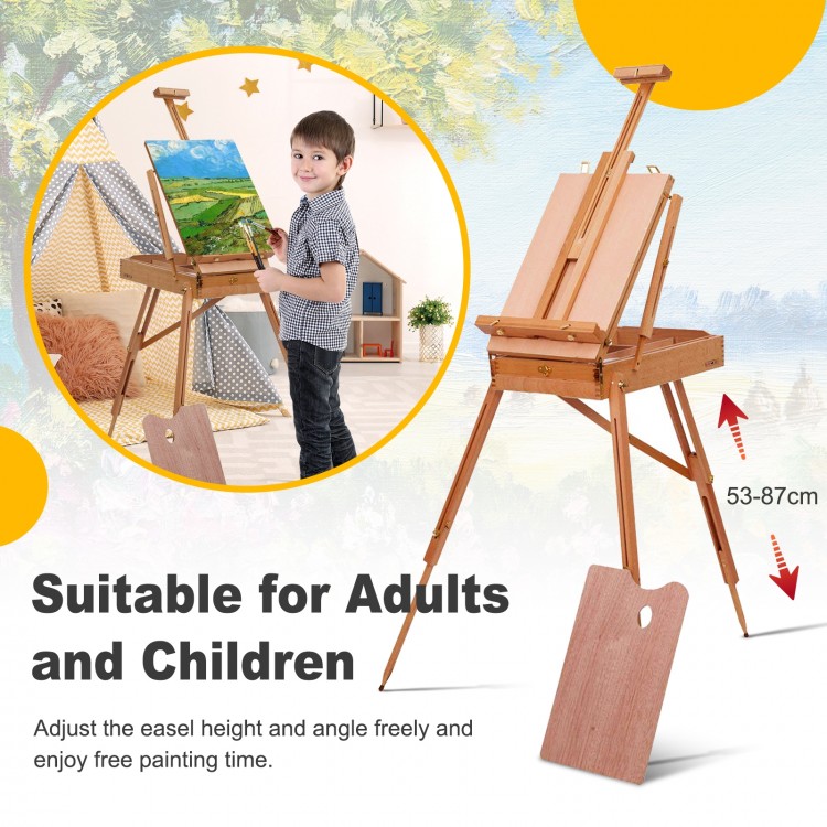 Tripod folding wooden easel with sketch box, adjustable height 53-87cm, ideal for adults and children painting indoors.
