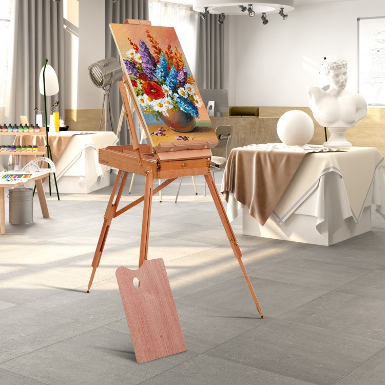Tripod folding wooden easel with sketch box, adjustable height, ideal for indoor or outdoor painting and drawing.