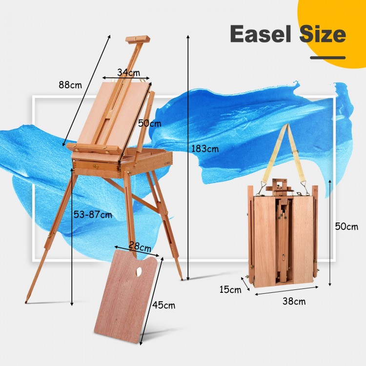 Tripod folding French wooden easel with sketch box, adjustable height, and convenient transport for outdoor painting.