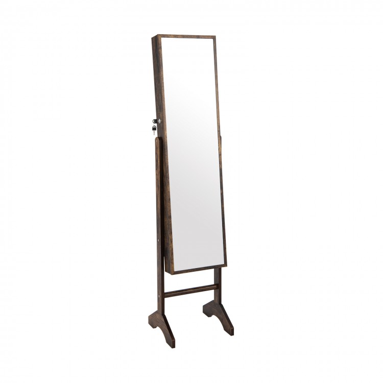 Standing jewelry cabinet with full-length mirror, brown MDF, ample storage, and lockable door for secure organization.