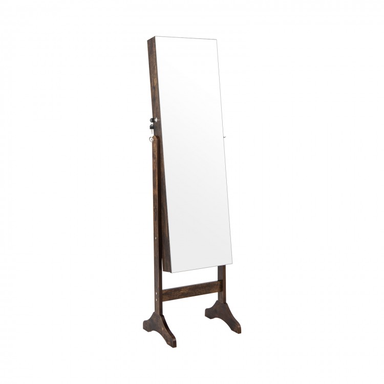Standing jewelry cabinet with full length mirror in brown, featuring storage for jewelry and makeup, and a lockable.
