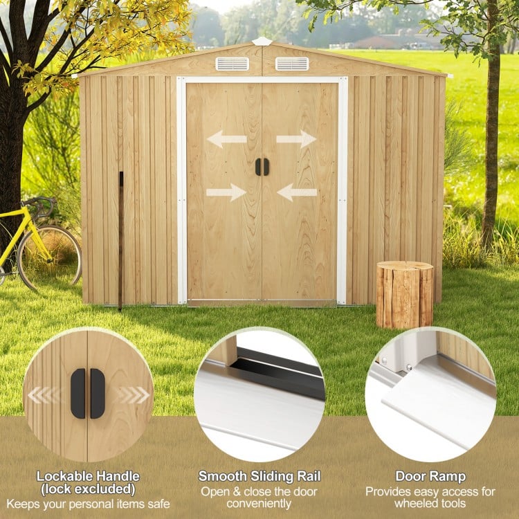 Weather resistant galvanized steel shed with double sliding doors and ramp for easy access, ideal for garden storage.