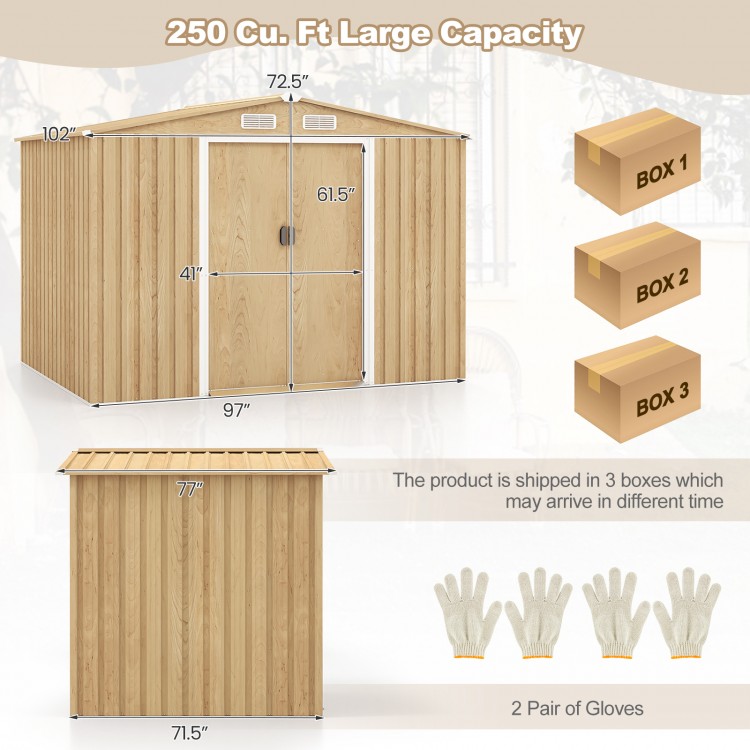 Weather resistant galvanized steel shed with tilted roof, 250 cu. ft. capacity, ideal for backyard storage and.