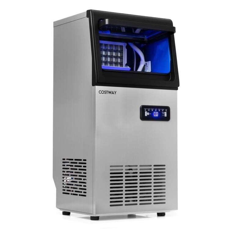 Stainless steel commercial ice maker with a 110 lbs daily output, intuitive control panel, and see-through flip door.