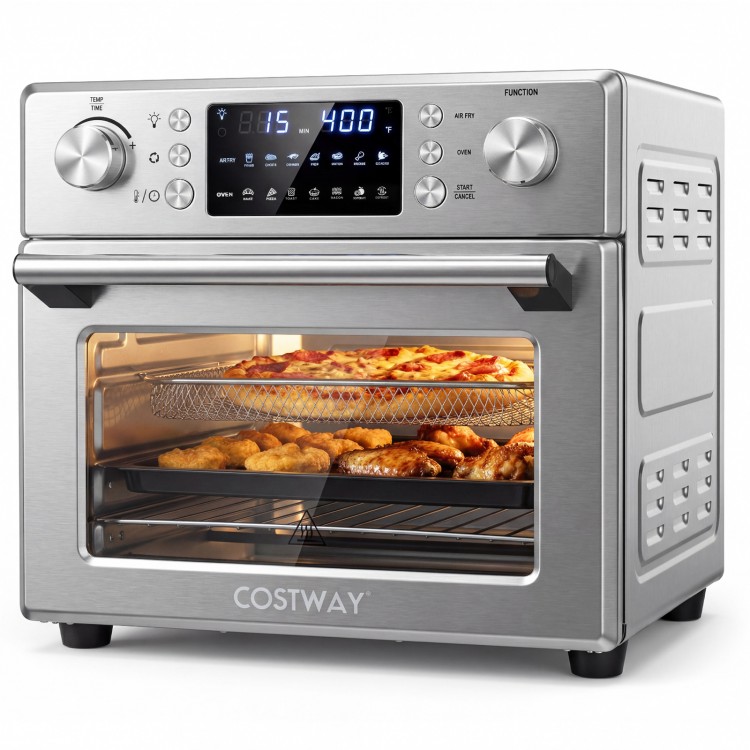 Stainless steel countertop convection oven with 26 QT capacity, showcasing pizza and chicken, ideal for family meals.