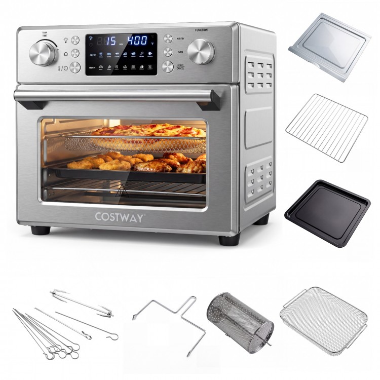 Stainless steel countertop convection oven with 26 QT capacity, 14 cooking modes, and included accessories for.