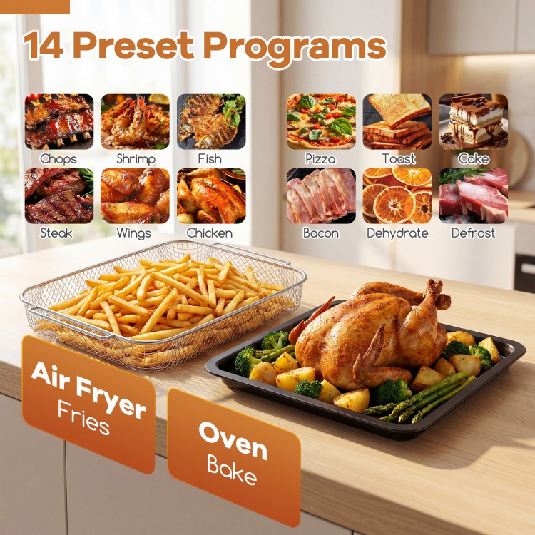 Stainless steel countertop convection oven with 14 cooking modes, showcasing air fryer fries and a roasted chicken.