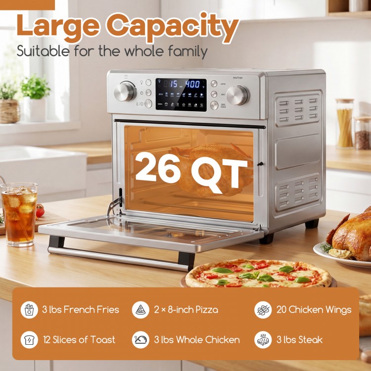 Stainless steel countertop convection oven with a 26 QT capacity, featuring 14 cooking modes for versatile meal.