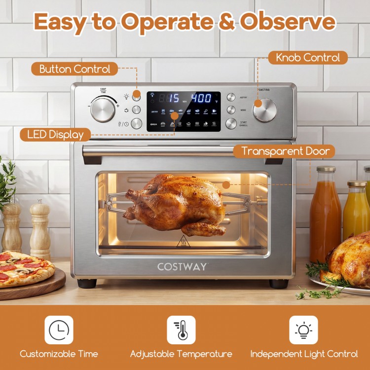 Stainless steel countertop convection oven with LED display, 26 QT capacity, and rotisserie fork for versatile cooking.