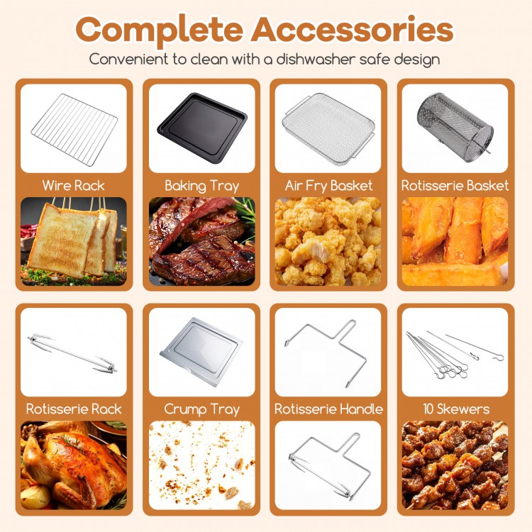 Complete accessory set for stainless steel convection oven, including rotisserie fork, baking tray, and air fry basket.