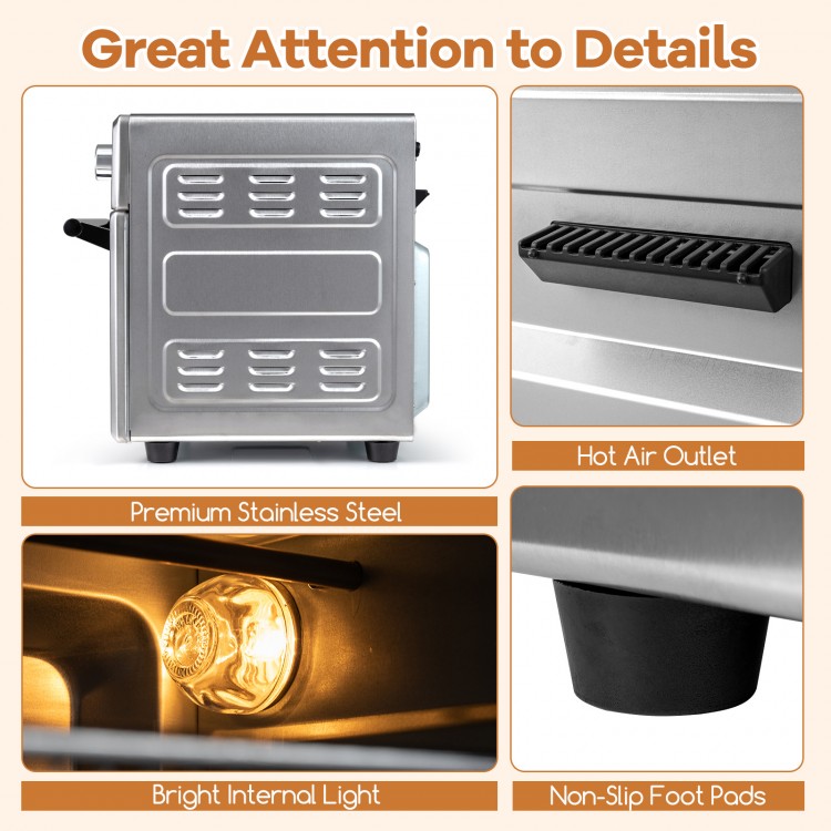 Close-up of the stainless steel countertop convection oven showing the hot air outlet and non-slip foot pads for.