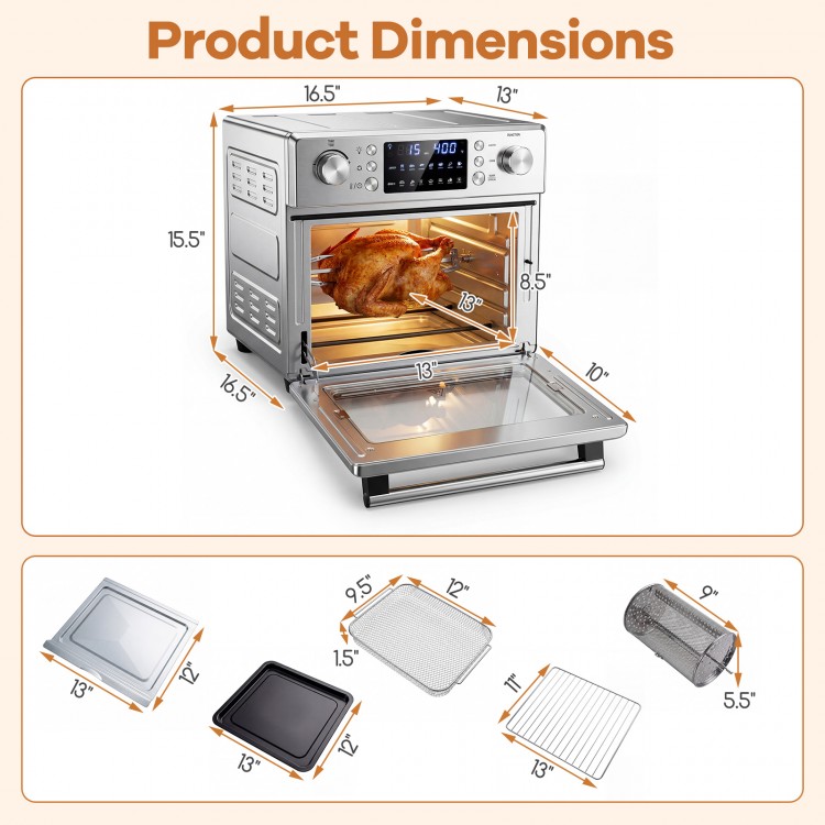 Stainless steel countertop convection oven with dimensions, showcasing a large 26 QT capacity for versatile meal.
