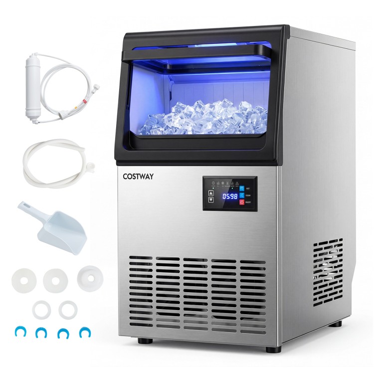 Stainless steel spray ice maker with 30 lbs storage capacity, efficient ice production, and control panel for easy use.