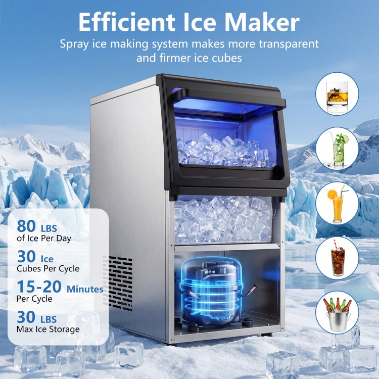 Stainless steel spray ice maker with 30 lbs storage capacity, producing 80 lbs of clear ice daily for versatile use.