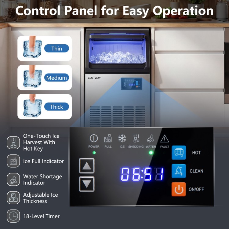 Control panel of the stainless steel ice maker showing settings for ice thickness and operational indicators.