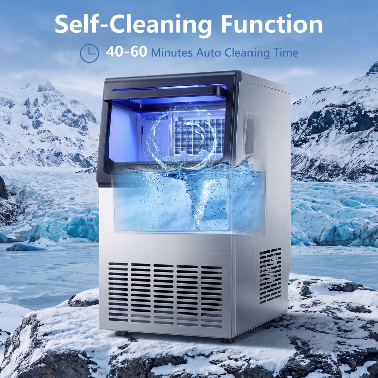 Stainless steel ice maker with self-cleaning function, 30 lbs storage capacity, and blue interior lights for easy.