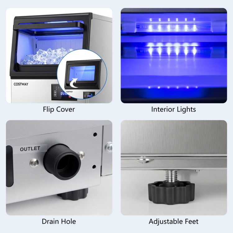 Flip cover and interior lights of the stainless steel spray ice maker with 30 lbs capacity for easy access and.