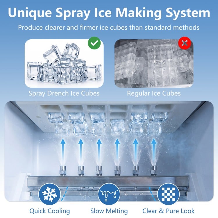 Stainless steel spray ice maker showcasing the unique spray ice making system for clearer, firmer ice cubes.