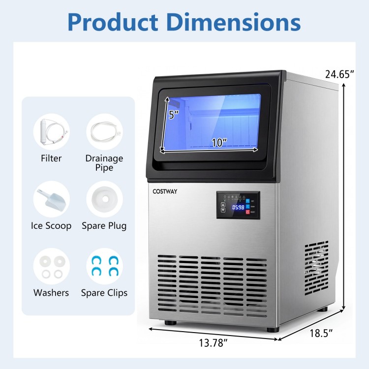Stainless steel ice maker with control panel, 30 lbs storage capacity, and dimensions for efficient under-counter use.