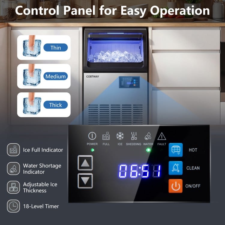 Control panel of the stainless steel spray ice maker with adjustable thickness and timer for easy operation.