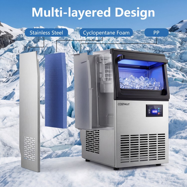 Stainless steel spray ice maker with clear ice production, 80 lbs daily output, and 30 lbs storage capacity.