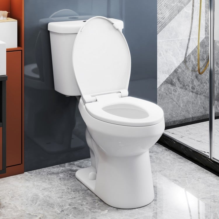 Standard toilet with a soft-close seat and stain-resistant glazed surface for easy maintenance and comfort in any.