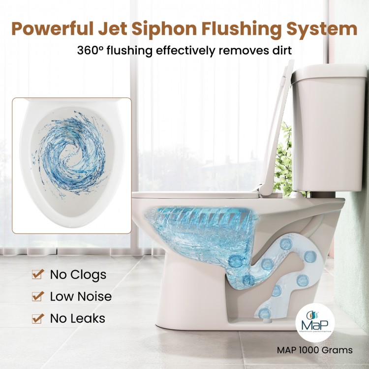 Standard toilet with 17.5" ADA comfort height seat and 360° jet siphon flushing system for effective dirt removal.