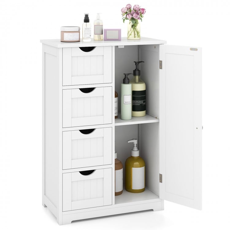 Standing indoor wooden cabinet in white with four drawers and one door, ideal for bathroom or bedroom storage.