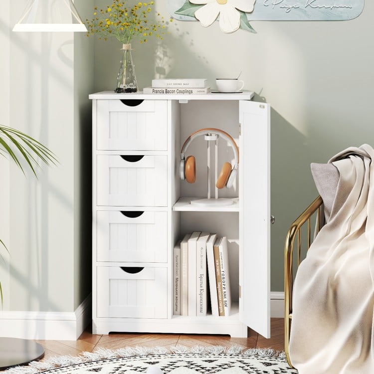 Standing indoor wooden cabinet in white with 4 drawers and adjustable shelf, ideal for bathrooms and living spaces.