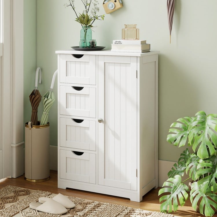 Standing indoor wooden cabinet in white with 4 slatted drawers and 1 door cabinet, ideal for versatile storage.