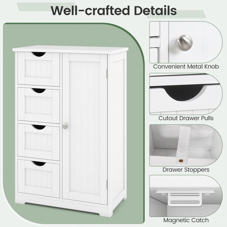 Close-up of the white wooden cabinet featuring four slatted drawers and a door cabinet, ideal for organized storage.