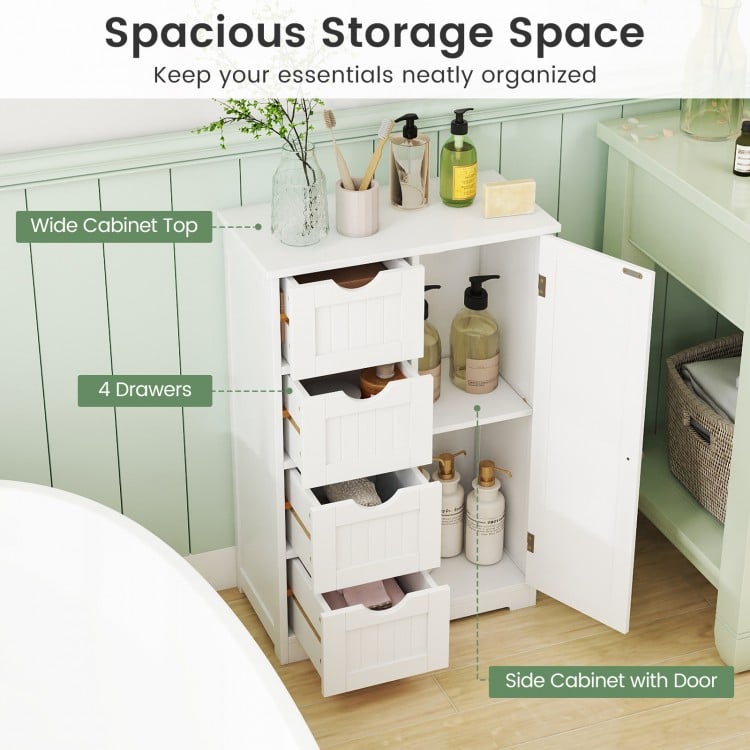 Standing indoor wooden cabinet with four drawers and a door, featuring a white finish for stylish storage in any room.