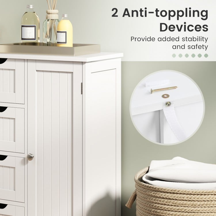 Standing indoor wooden cabinet in white with 4 drawers and 1 door, featuring anti-tipping devices for added safety.