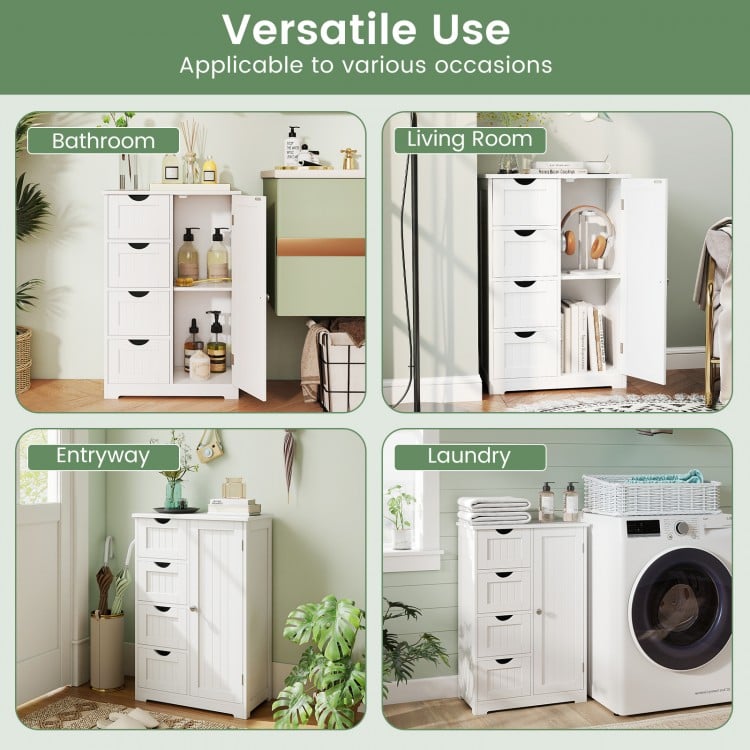 Standing indoor wooden cabinet with four drawers and a door, featuring a white finish for versatile storage in any room.
