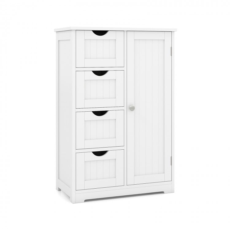 Standing indoor wooden cabinet in white with 4 slatted drawers and 1 door cabinet, ideal for bathroom or bedroom.