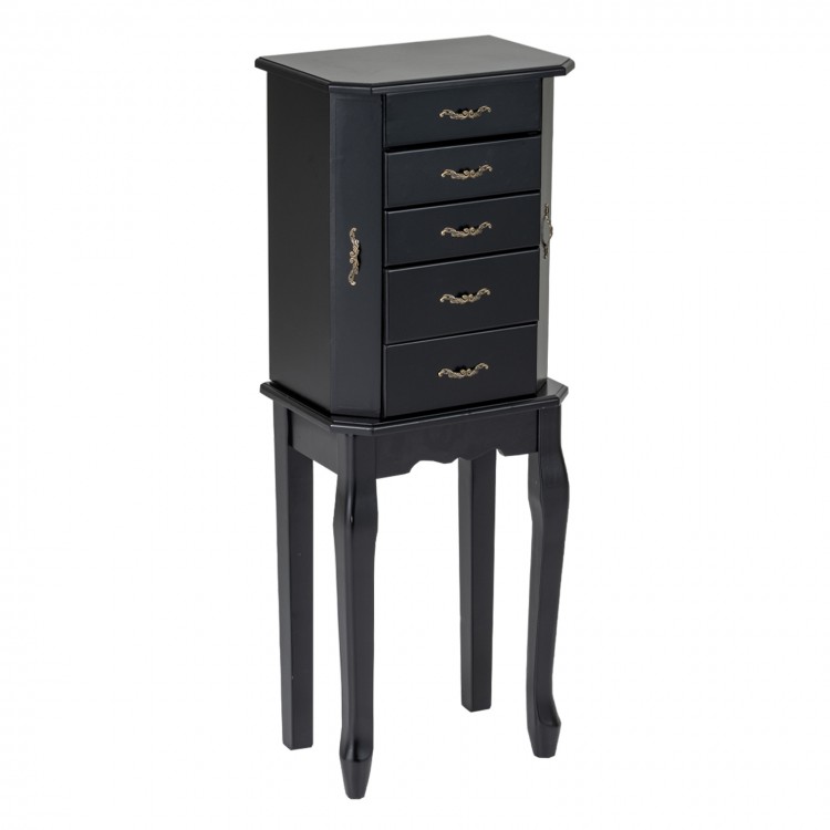 Standing jewelry box in black with four drawers and two side doors, offering ample storage for all types of jewelry.
