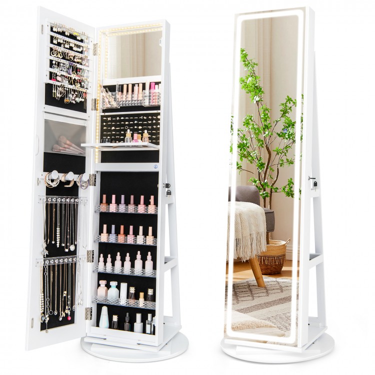 Standing jewelry cabinet in white with adjustable LED lights, featuring a full-length mirror and organized storage for.
