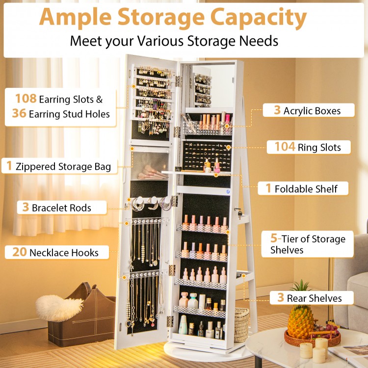 Standing jewelry cabinet in white with ample storage, LED lights, and a full-length mirror for organized jewelry.