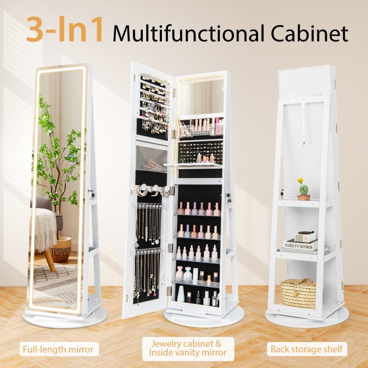 Full-length mirror jewelry cabinet in white with LED lights, storage shelves, and adjustable brightness for versatile.