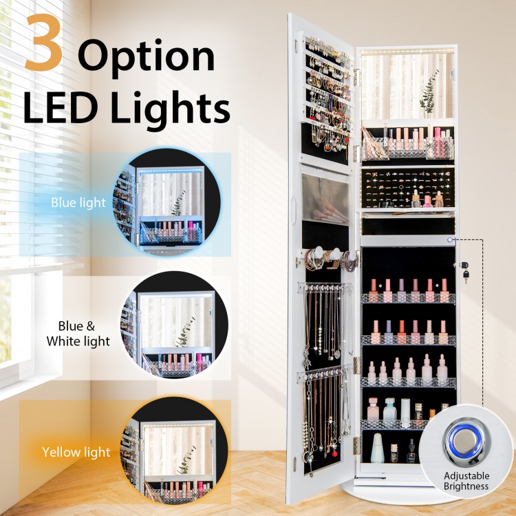 Standing jewelry cabinet in white with adjustable LED lights, featuring a full-length mirror and organized storage.