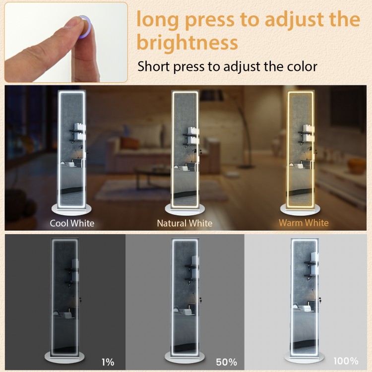 Standing jewelry cabinet with adjustable LED lights, featuring a full-length mirror and three color modes for versatile.
