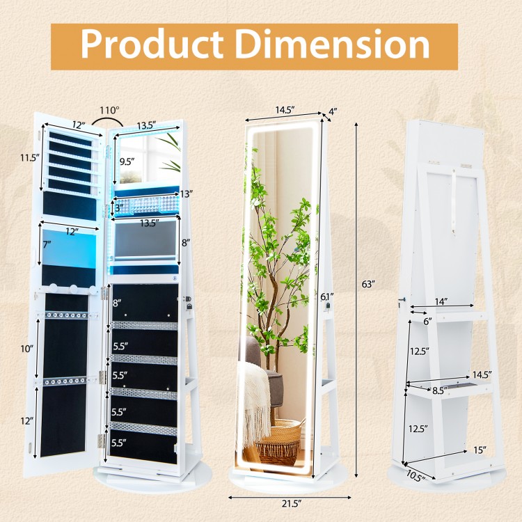 Standing jewelry cabinet with adjustable LED lights, featuring a full-length mirror and ample storage for jewelry and.