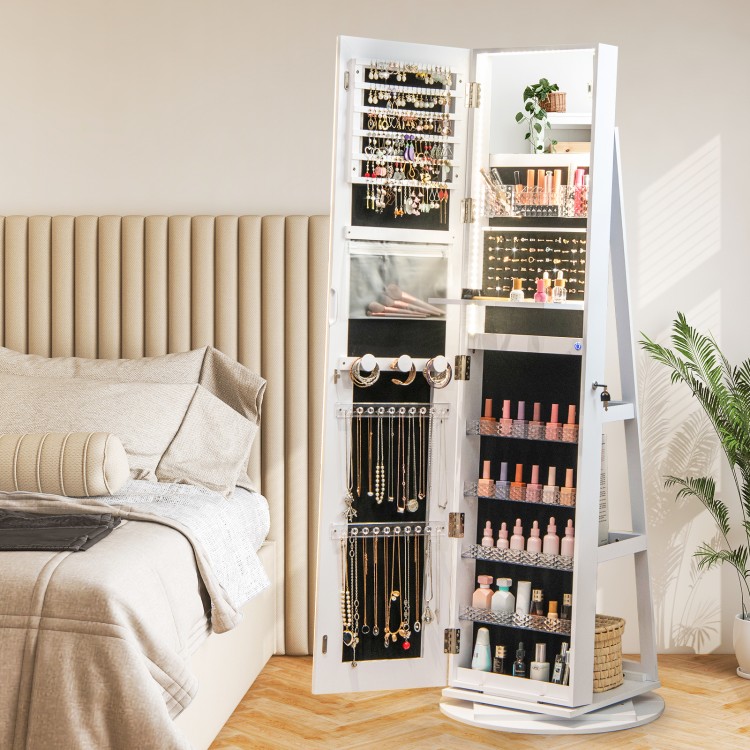 Jewelry cabinet in white showcasing a foldable makeup shelf and LED mirror, designed for stylish organization and.