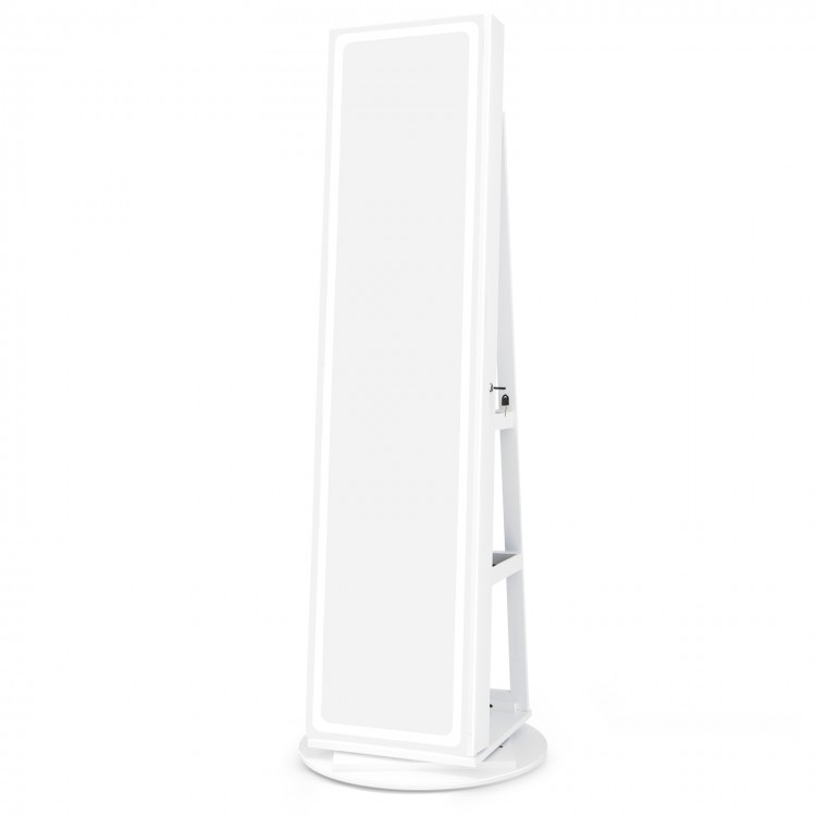 Standing jewelry cabinet in white with a foldable makeup shelf and built-in LED mirror for convenient daily use.