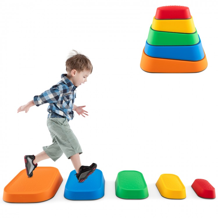 Colorful 5-piece non-slip stepping stone set for kids, promoting balance and coordination during indoor and outdoor.